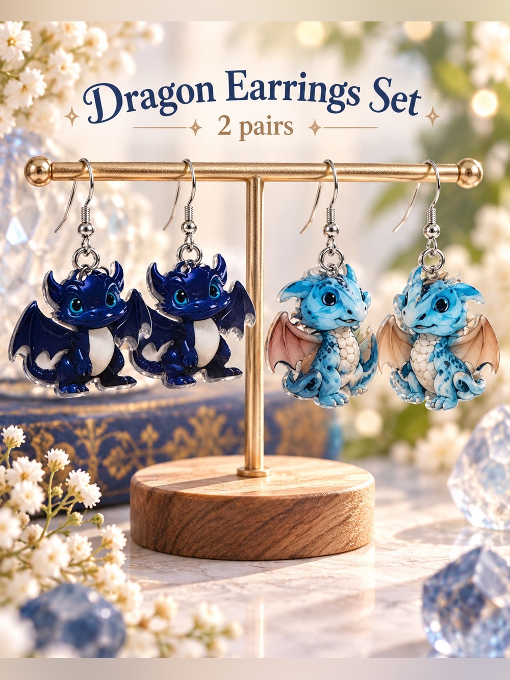 Set of 2 Cute Dragon Dangle Earrings Set - Blue & Light Blue